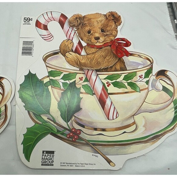 Vintage 2 Paper Magic Group Candy Cane Bear In Tea Cup Christmas Decoration 10” - Picture 2 of 11